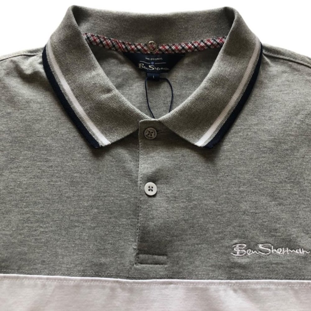 Ben Sherman Men's Two Button Polo Shirt Bright White/Grey Size Large